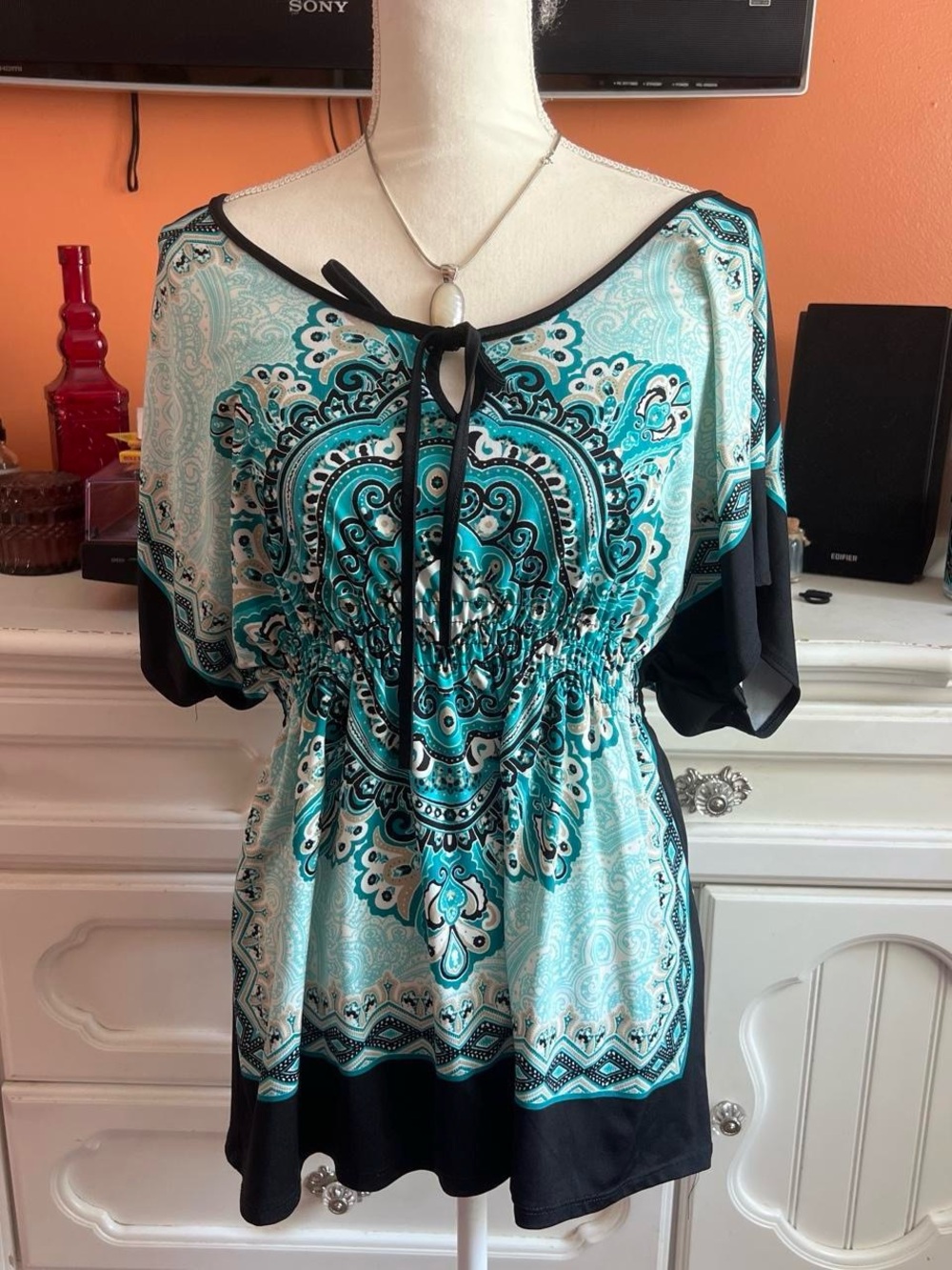 Women's Teal and Black Printed Tie-Neck Top